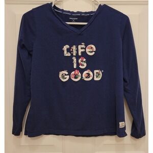Life Is Good Shirt Womens Blue Medium  Floral Graphic Long Sleeve Sleep Top